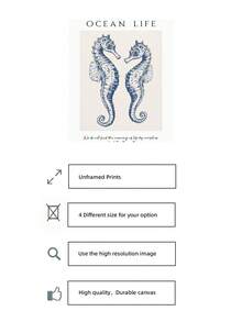 1 tranh in hình cá ngựa xanh nước biển cổ điển không khung, tranh treo tường phòng tắm ven biển với họa tiết vải lanh, áp phích trung tính về biển cho phòng tắm spa & trang trí nhà trên bãi biển | Phong cách Hamptons, vật dụng thiết yếu trong ký túc xá - Nhiều màu - Xem 6