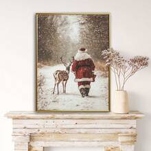 Frameless, A Santa Claus Reindeer Wall Art Print Poster, Winter Forest Snow Scene Christmas Home Decoration Painting, Farmhouse Christmas Print Hanging Painting, And His Reindeer Painting, Canvas Poster Room Decoration, Living Room Art Decoration, Modern Home Wall Art Decoration, Ideal Home Gift Creativity, Suitable For Living Room Study Bedroom Corridor Art Decoration Painting Christmas Decorations