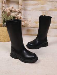 Factory Girls' PU Solid Color Tall Soft Bottom Comfortable Fashion Flat Boots, Solid Color Classic Tight-Fitting Elegant Non-Slip Durable Tall Boots, Suitable For Spring, Autumn, Winter Parties And Gatherings, Suitable For Outdoor, Daily Outdoor Walking High-Top Casual All-Match Boots