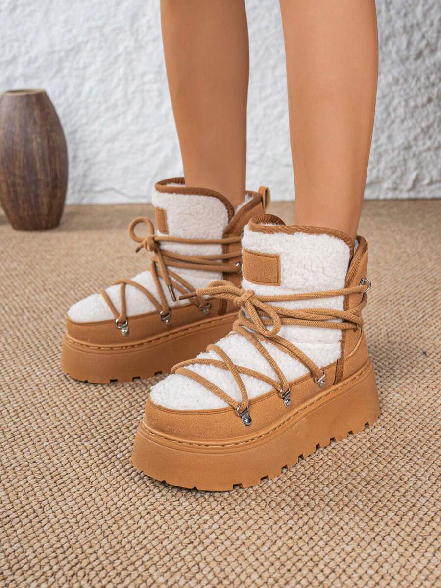 Girl Snow Boots, New 2025 Fleece Thickened Round Toe Lace-Up Fashion Warm Winter Outdoor Boots