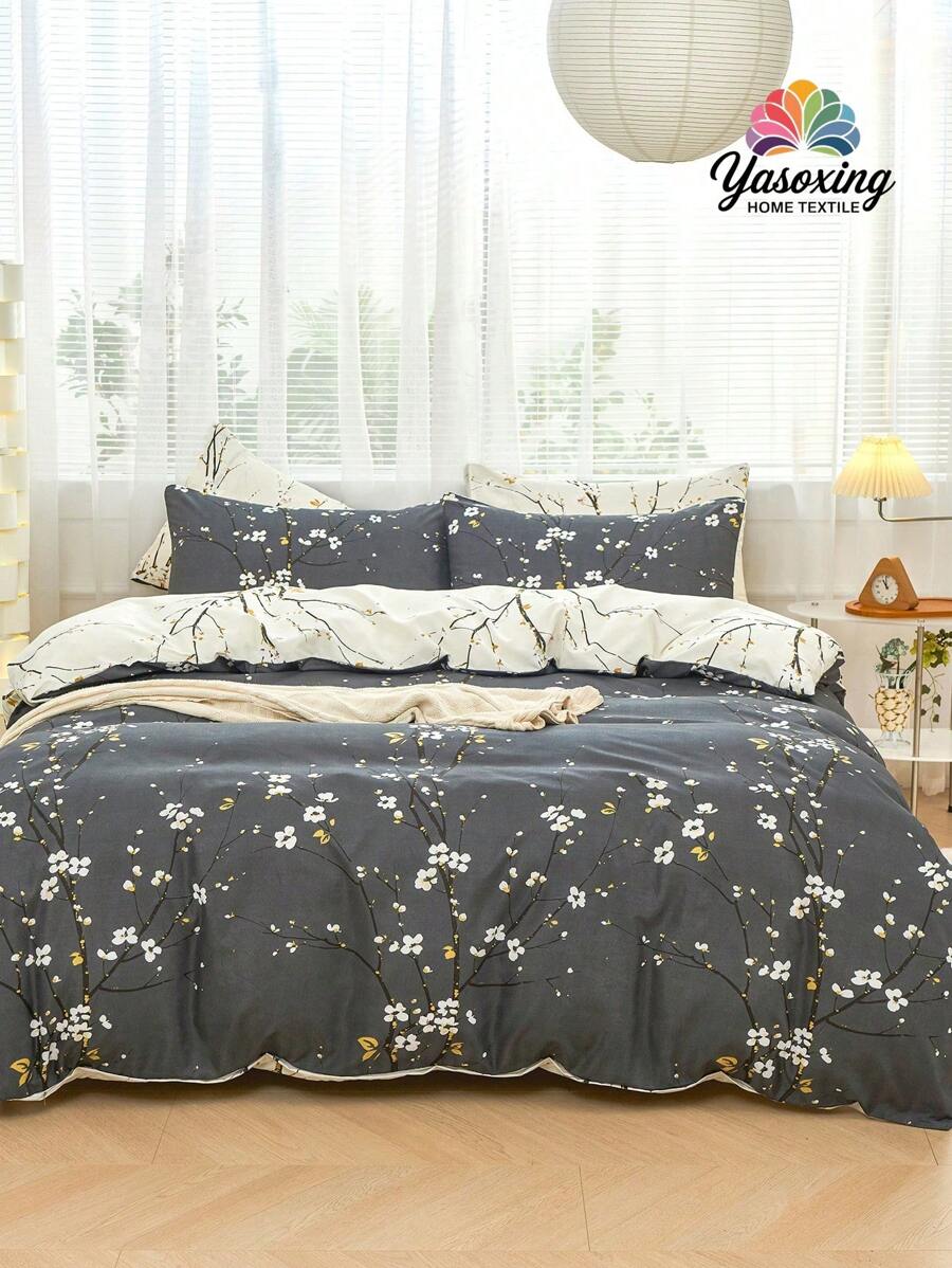 3pcs/Set Dark Gray Beige Two Tone Reversible Plum Blossom Branch Flower Pattern Duvet Cover Set Easy Care Microfiber Soft Bedding Set Soft Breatheable Wrinkle-Free Better For Sleep, Luxury Hotel Style, Gift For Mom Dad Friend, Quilt Comforter Duvet Cover*1 Pillowcase*2 King Queen Full Twin Size Domitory Bedding Back School Bedding - Dark Grey - View 1