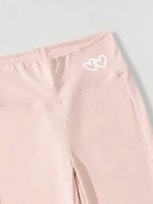 Girls' Heart Print Flared Pants, Children's Black Versatile Skinny Leggings, Young Girl' Elegant High Stretch Yoga Pants - Baby Pink - View 5