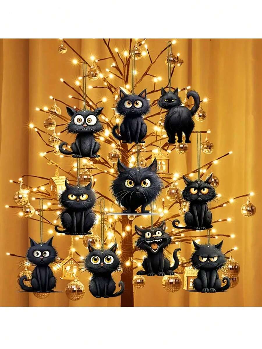 10 piezas de adornos colgantes de madera con diseño de gato negro, adornos navideños de madera hechos a mano con patrones de gato negro, decoraciones artesanales para Navidad, Halloween, Acción de Gracias - Ideales para fiestas, cumpleaños, fiestas temáticas, celebraciones de Año Nuevo