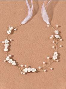 1 件手工制作的柔软珍珠三瓣花头带、发饰、发髻头带、婚纱假发 - 白色 - 查看 7