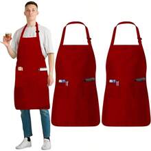 Cotton Linen Aprons With Pockets For Baking Funny Printed Aprons For BBQ Parties Adjustable Cotton Chef Aprons With 2 Pockets And Complimentary Bandana Kitchen Apron For Women And Men Insulated Aprons For Hot Food Handling - 2個裝-紅色 - 查看 1