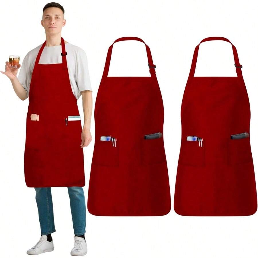 Cotton Linen Aprons With Pockets For Baking Funny Printed Aprons For BBQ Parties Adjustable Cotton Chef Aprons With 2 Pockets And Complimentary Bandana Kitchen Apron For Women And Men Insulated Aprons For Hot Food Handling - 2個裝-紅色 - 查看 1