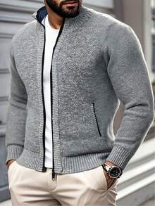 Men's Sports Cardigan Knit Sweater, Casual Fashion Minimalist, Zipper Design, Small Stand Collar, Thickened Style, Autumn/Winter - Blue - View 7