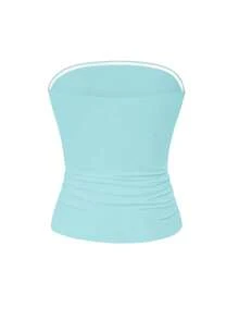 Áo tank top không dây, màu trơn, co giãn ôm sát dành cho nữ của Vaiaye, áo camisole cơ bản không dây thời trang cho mùa xuân và mùa hè. - Màu xanh Bạc hà - Xem 4