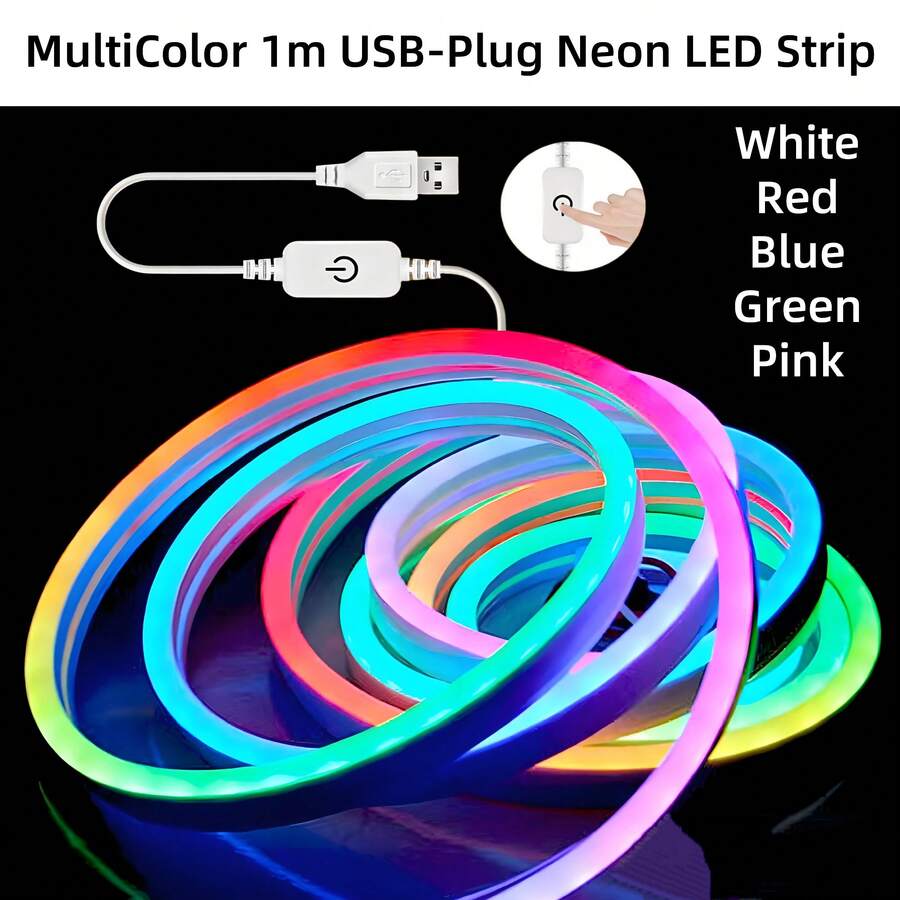 1m Multicolor LED Strip USB-Plug White/Red/Blue/Green/Pink Flexible Neon Adjustable-Light Strip Silicone Rope For PC/Laptops Kitchen Bedroom Indoor Outdoor Decoration - 紅色 - 查看 1