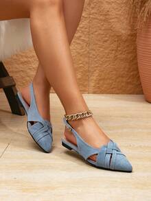 Women's Pointed Toe Slip-On Sandals, Versatile French Style Suitable For Dresses, European & American Hollow Flat Low Heel Blue Sandals, Spring/Summer