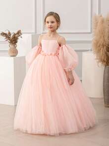 少女泡泡袖细肩带蝴蝶结装饰网眼公主裙，适合生日派对、花童、婚礼、舞会、节日场合