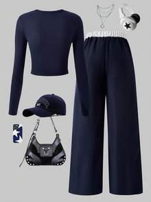 两件套女童时尚休闲套装，数码印花，方领无袖上衣搭配白色条纹裤，适合春、秋、冬户外、日常聚会和旅行穿着。 - 藏蓝色 - 查看 3