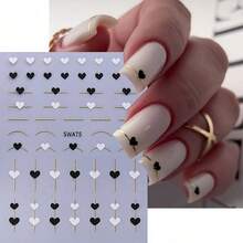 4pcs Love Theme Nail Stickers Set, Black White Golden Heart Patterns, Self-Adhesive Plastic Nail Art Decals With Glitter, Glossy Finish, Single Use Embellishments For Valentine'S Day - 彩色 - 查看 5