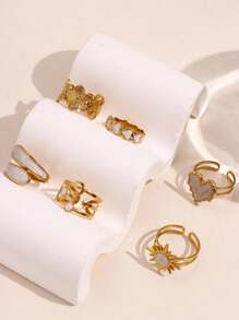 6pcs/Set Fashionable, Elegant, Unique, Exquisite, Luxury, Versatile, Charming Heart, Sun, Moon, Sunflower, Geometric Asymmetrical Glitter Drip Oil Rings Set, Suitable For Daily Wear, Festivals, Parties, Business Formal Events