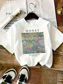 Camiseta Blanca para Mujer - Estampado Floral del Jardín de Claude Monet - Top Casual Suave y Cómodo para el Día a Día - Regalo Ideal para Amantes del Arte, Lavable a Máquina, Diseño Minimalista, Manga Corta, Tela Transpirable, Ropa Artística, Regalo Perfecto para Cumpleaños o Fiestas - Blanco - Ver 1