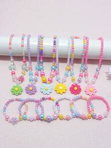 12pcs/Set Girls Cute Multicolor Flower Pendant Charm Beaded Necklace & Bracelet Jewelry Set, Suitable For School, Holiday Party, Birthday Gift, Random Color - Multicolor - View 3