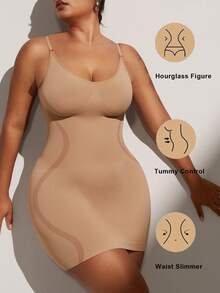 1件装加大码女士束腰连衣裙，无缝胸部和腰部系带连衣裙，加大码女士塑身裙连体裤，夏季 - 卡其色 - 查看 7