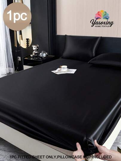 1pc Black Premium Plain Silky Satin Fitted Sheet Simulation Silk Fitted Sheet Modern Soft Bedding Sheet For Household Silk Fitted Mattress Cover, Soft And Comfortable Bedding For Bedroom, For Queen King Twin Full Size Without Filler, 13.8 Inches Deep Pocket Cooling Breathable Soft And Silky Bedding Sheet Only, Mattress Sheet, Mattress Protector Cover Domitory Bedding Back School Bedding
