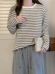 Women's Loose Casual Striped Round Neck Drop Shoulder Long Sleeve T-Shirt