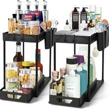Under Sink Organizer Shelf, 2-Tier Kitchen Organizer With Sliding Basket And Hooks, Multipurpose Bathroom Cabinet Organizer (Black) - 黑色(1Psc) - 查看 8