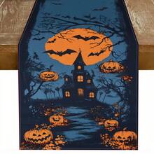 1 bucată de steag de masă cu model de dovleac de Halloween, fabricat din fibră de poliester tricotată de 72 inch, folosit pentru mese de sărbători, decorațiuni de bucătărie acasă, petreceri și cadouri