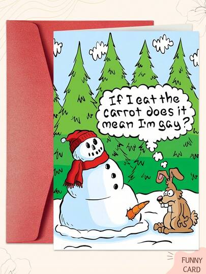 1 张幽默卡通圣诞贺卡，带信封 - 卡通雪人和兔子设计 - 有趣的节日祝福和俏皮的胡萝卜对话 - 适合家人和朋友，理想的圣诞礼物贺卡