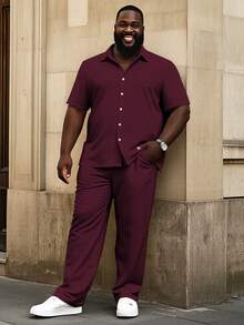 Big & Tall Men's Summer Set - Short Sleeve Button-Up Shirt & Relaxed Fit Pants, Soft Stretch Knit Fabric (130 GSM), Sizes 2XL-8XL, Moisture-Wicking & Comfortable For Outdoors - Màu Đỏ Sâu - Xem 4