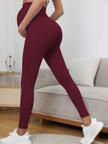 Maternity High Waist Seamless Elastic Solid Color Leggings, Suitable For Casual Daily Wear Spring - Burgundy - View 6