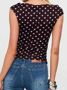 Womens Summer T Shirts Short Sleeve Crop Tops Boat Neck Dot Print Slim Fit Blouses - 深棕色 - 查看 6