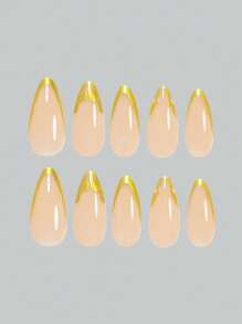 24 件长杏仁经典优雅高级不对称金线法式指甲，提升您的风格，包括：1 件果冻胶和 1 件指甲锉，法式杏仁尖指甲，适合女士女孩日常工作节日派对使用按压指甲美甲用品指甲