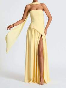 Irregular Sheath Tie Dress Women French  Split Long Dresses - 黃色 - 查看 4