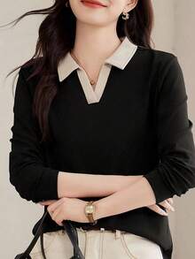 2025 新款秋季女式时尚翻领长袖 Polo 衫，休闲装套头衫