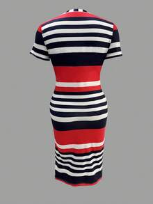 Gaun Bodycon Bergaris Blok Warna Kasual Wanita, Gaun Elegan Ukuran Plus untuk Musim Panas - MultiWarna - View 2