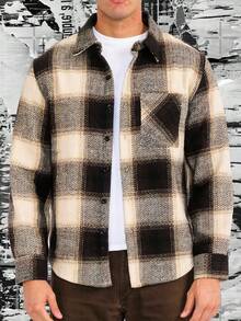 Mens Wool Blend Long Sleeve Button Down Shacket Checkered Plaid  Caual Jacket Without Tee Outerwear  Regular Fit    Button  Pocket - 棕色 - 查看 2