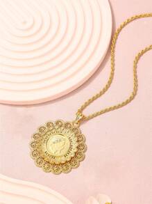 1 Set Middle East Style Fashion Palace Hollowed-Out Sunflower Round Pendant Necklace, Matching Napoleon Coin Portrait Engraved Adjustable Bangle, Suitable For Wedding, Party, And Event Wear