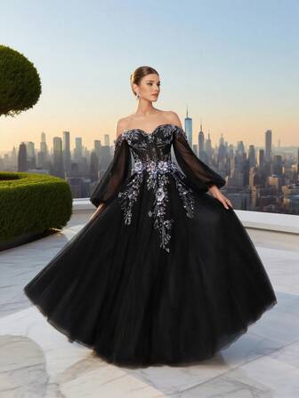 DELLA COUTURE 女士夏季黑色露肩网眼高端奢华晚礼服精美刺绣贴花装饰及地长裙适合聚会、派对、舞会和其他正式场合