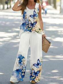 Butterfly Printed Vest Comfortable Pants Set,Crew Neck Woven Sleeveless Vest And Wide Leg Pants,Vacation Two Pieces Outfits,Bohemian Suit,Daily Outings