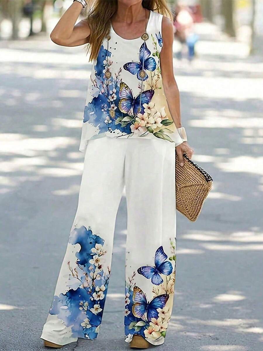 Butterfly Printed Vest Comfortable Pants Set,Crew Neck Woven Sleeveless Vest And Wide Leg Pants,Vacation Two Pieces Outfits,Bohemian Suit,Daily Outings