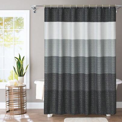 1pc Grey & Black Solid Polyester Waterproof Shower Curtain For Bathroom, Heavy Duty Ombre Striped Fabric Curtain, Waterproof And Easy Care, With 12 Plastic Hooks, 72"W X 72"H / 182cm X 182cm Home Bathroom Decor Fall Decor Bathroom Accessories Back To School