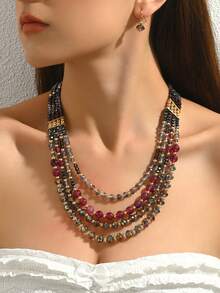 2pcs Elegant Purple Crystal Beaded Necklace And Earrings Jewelry Set, Shiny Sophisticated Jewelry Set Suitable For Women's Daily Matching - Multicolor - View 3
