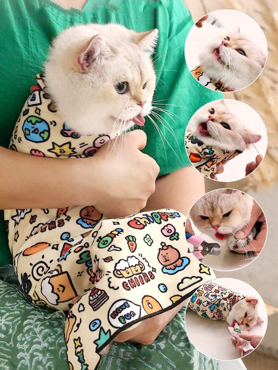 1 pièce Sac de contention pour toilettage de chat, Enveloppe d'emmaillotage auto-adhésive multifonctionnelle pour chat, Fournitures de toilettage de chat avec imprimé de dessin animé mignon, Contention de chat pour le calme, Durable et confortable pour la coupe des ongles, l'alimentation, le brossage des dents, le nettoyage des oreilles, le rasage des poils des pattes, polyvalent et portable pour les soins du chat
