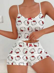 SANRIO Hello Kitty 女士睡衣套装（2 件套），春夏家居服套装，短裤 + 吊带背心，女士夏季服装，Hello Kitty 睡衣套装，包含上衣和短裤，2 件套，吊带背心套装 - 白色 - 查看 4