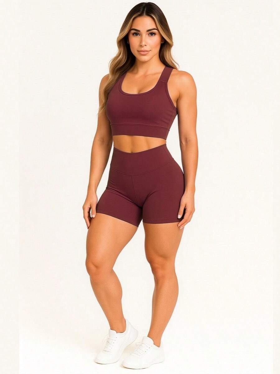 AKORIO MODAS Women's Fitness Fashion Top And Short Set Yoga Running A11 - 酒紅色 - 查看 1