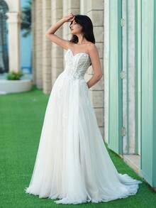 ANGELAG Strapless Heart-Shaped Lace Embroidered Beaded Slit Long Wedding Dress - Rice Skin - View 9