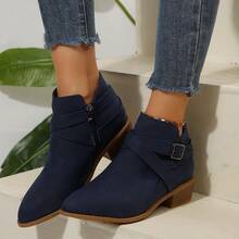 New Women's All-Match Solid Color Business Commute Buckle Criss-Cross Zipper Short Boots, American Style Office Home Wear, Suitable For Spring, Summer, Autumn, Winter - Royal Blue - View 1