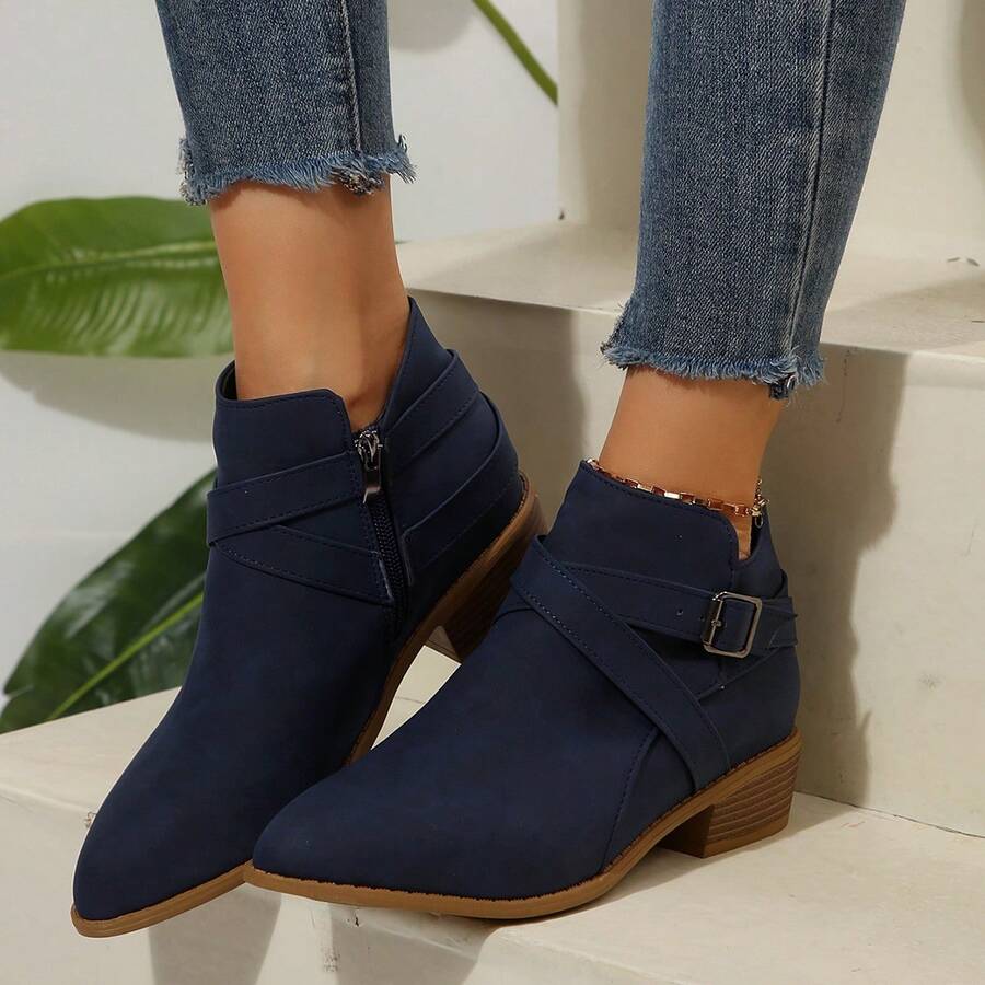 New Women's All-Match Solid Color Business Commute Buckle Criss-Cross Zipper Short Boots, American Style Office Home Wear, Suitable For Spring, Summer, Autumn, Winter - Royal Blue - View 1