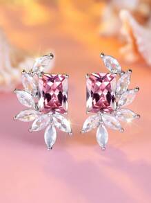 1pc Simple Sea Blue Rectangular Shape Cubic Zirconia Leaf Shaped Elegant Earring For Women, Suitable For Wedding, Engagement, And Daily Accessories