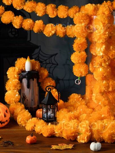 MEHELANY 5 piezas de 1,5 m de flores artificiales de caléndula naranja para Diwali, plantas falsas colgantes, decoración de pared interior, chimenea, decoración de guirnalda, decoración de fiesta floral, Día de los Muertos, festival, Acción de Gracias, Halloween, Navidad, boda, ducha nupcial, decoración del hogar cotidiana