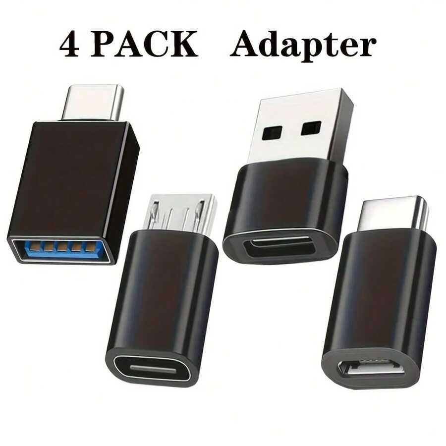 4pcs USB To USB C Adapter, USB C To USB 3.0 OTG, Micro USB To USB C - Compatible With Pro, For SamSn For Galxy, Smartphones, Laptops, In-Car Use & More - Black - View 1