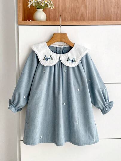 女童绣花领公主裙长袖灯芯绒连衣裙春秋新款幼儿